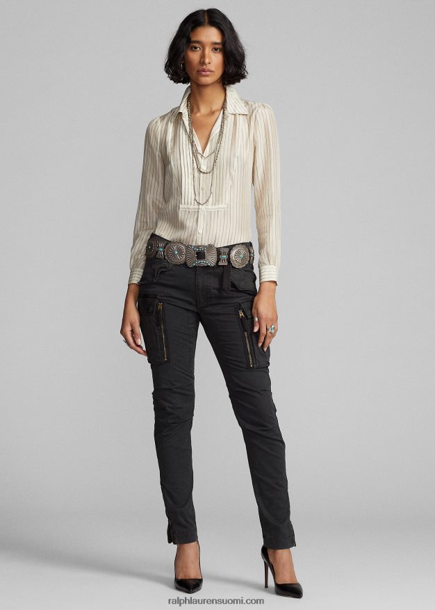 Ralph Lauren naiset silkkiraidallinen solmittava pusero 0Z24ZR3633 kerma/musta