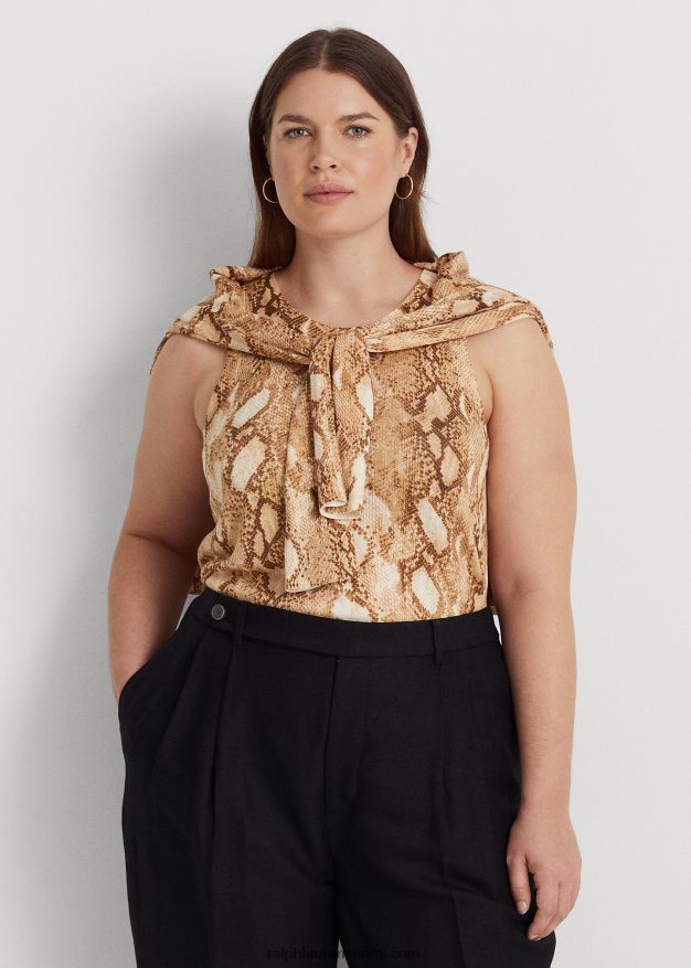 Ralph Lauren naiset käärmeennahkakuvioinen puuvillasekoitettu toppi 0Z24ZR4767 kerma multi