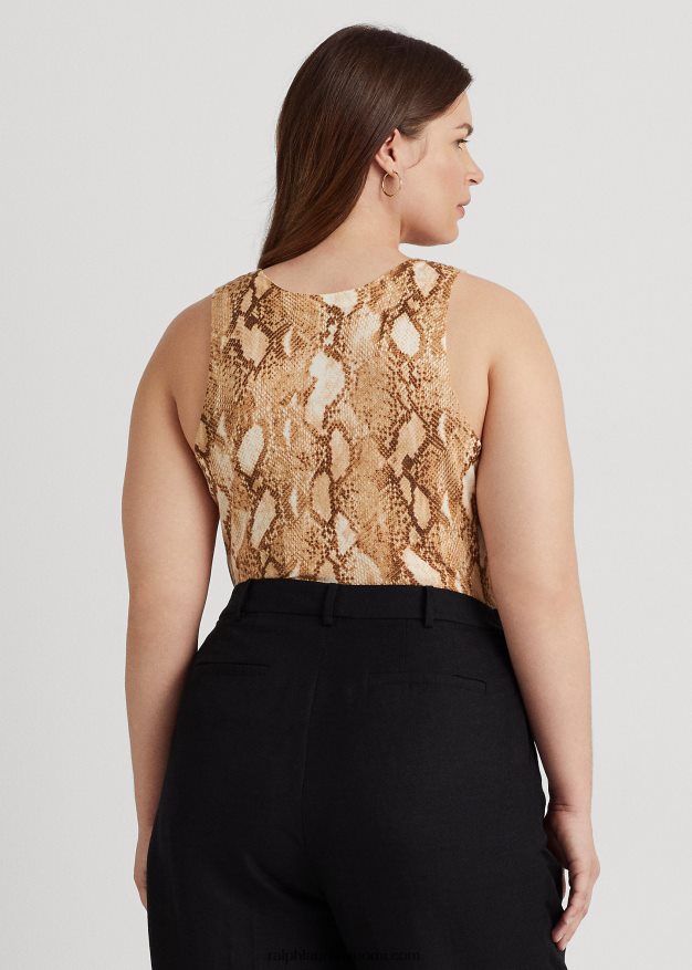 Ralph Lauren naiset käärmeennahkakuvioinen puuvillasekoitettu toppi 0Z24ZR4767 kerma multi