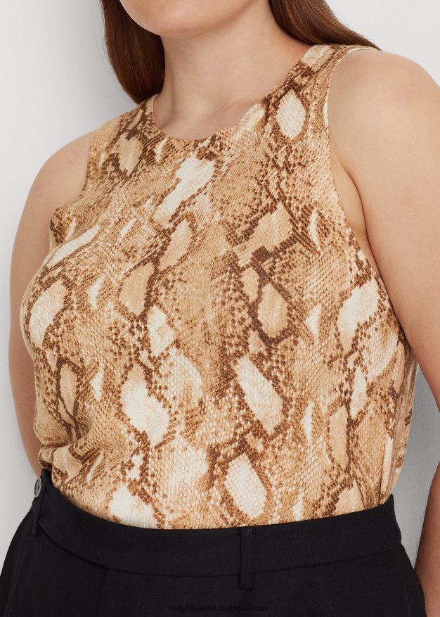 Ralph Lauren naiset käärmeennahkakuvioinen puuvillasekoitettu toppi 0Z24ZR4767 kerma multi