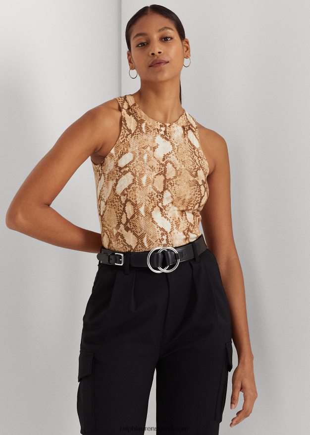 Ralph Lauren naiset käärmeennahkakuvioinen puuvillasekoitettu toppi 0Z24ZR9508 kerma multi