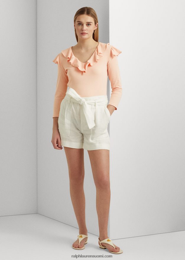 Ralph Lauren naiset röyhelöinen, joustava puuvillainen v-pääntiepusero 0Z24ZR4036 vaaleanpunainen