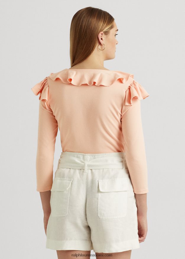 Ralph Lauren naiset röyhelöinen, joustava puuvillainen v-pääntiepusero 0Z24ZR4036 vaaleanpunainen