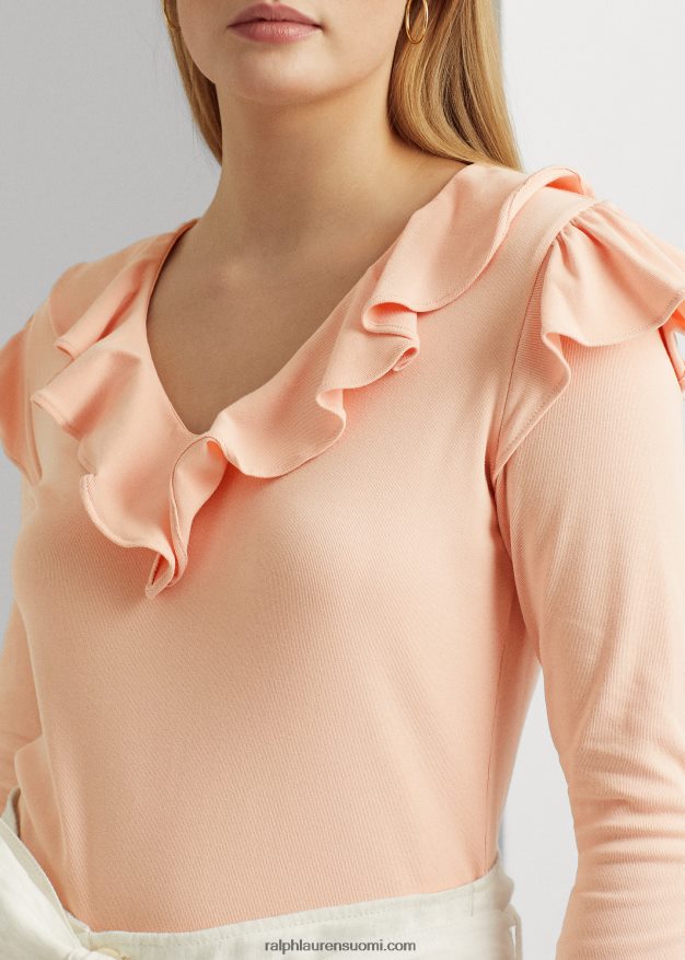 Ralph Lauren naiset röyhelöinen, joustava puuvillainen v-pääntiepusero 0Z24ZR4036 vaaleanpunainen