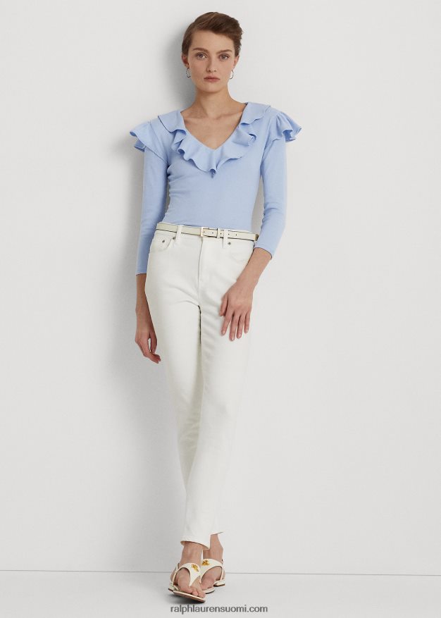 Ralph Lauren naiset röyhelöinen, joustava puuvillainen v-pääntiepusero 0Z24ZR4037 kivinen sininen