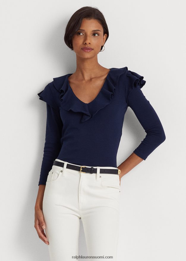 Ralph Lauren naiset röyhelöinen, joustava puuvillainen v-pääntiepusero 0Z24ZR4038 hienostunut laivasto