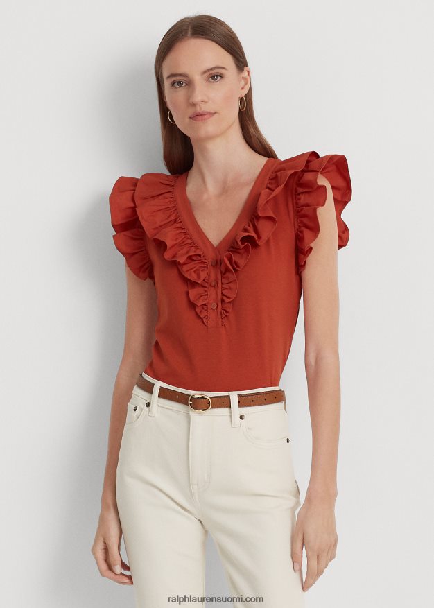Ralph Lauren naiset röyhelöinen puuvillainen hihaton toppi 0Z24ZR3785 punainen aurinkokivi