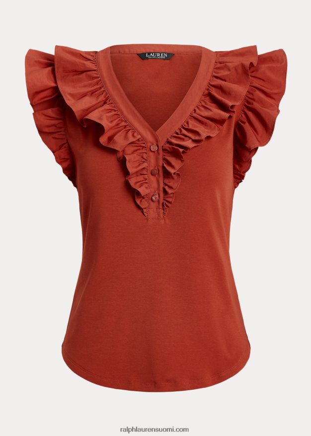 Ralph Lauren naiset röyhelöinen puuvillainen hihaton toppi 0Z24ZR3785 punainen aurinkokivi