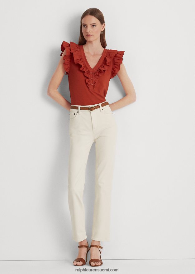Ralph Lauren naiset röyhelöinen puuvillainen hihaton toppi 0Z24ZR3785 punainen aurinkokivi