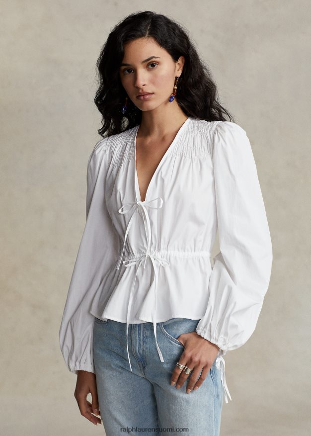 Ralph Lauren naiset smokkinauhallinen peplum-puuvillapusero 0Z24ZR3033 valkoinen