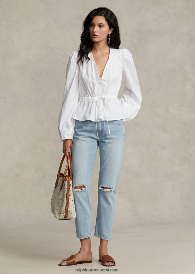 Ralph Lauren naiset smokkinauhallinen peplum-puuvillapusero 0Z24ZR3033 valkoinen