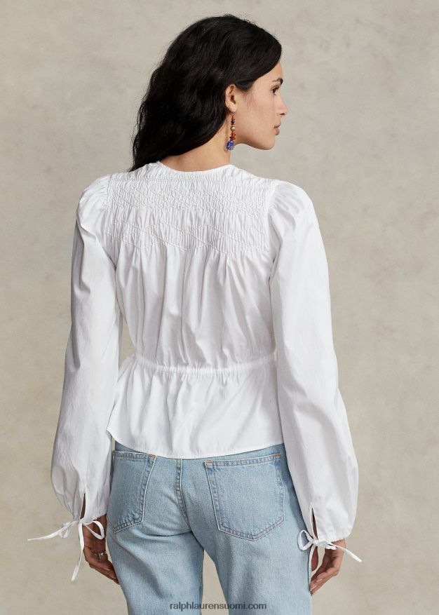 Ralph Lauren naiset smokkinauhallinen peplum-puuvillapusero 0Z24ZR3033 valkoinen