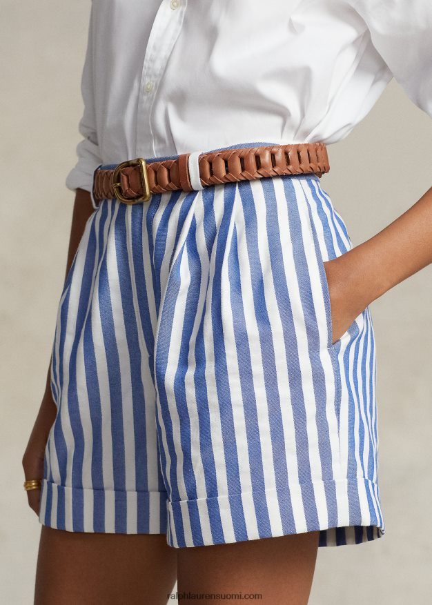 Ralph Lauren naiset raidallinen laskostettu pellava-puuvilla Dobby lyhyt 0Z24ZR3058 sininen/valkoinen markiisin raita