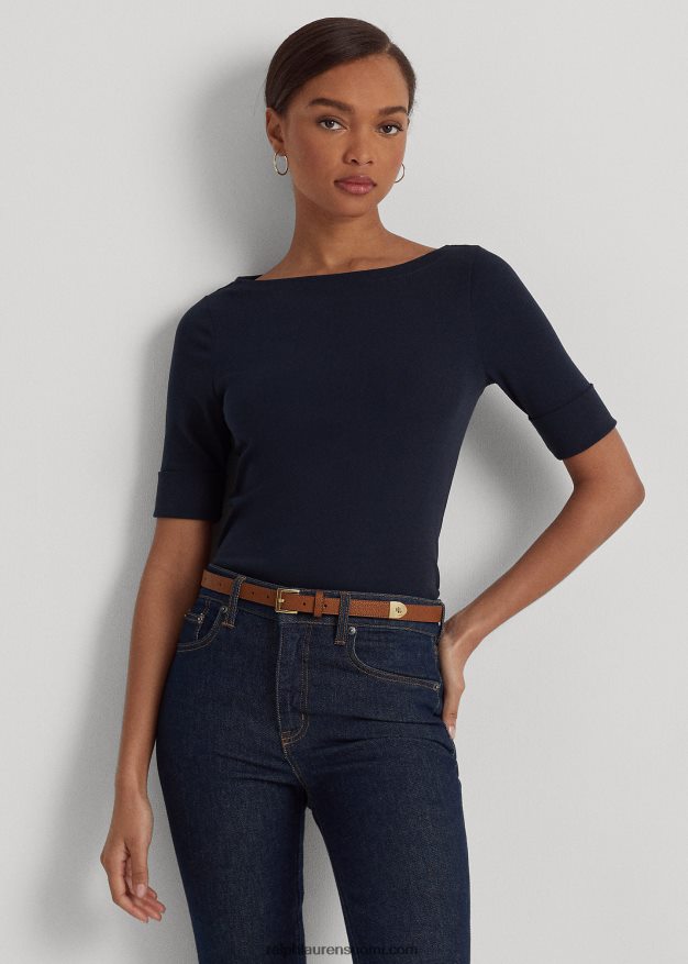 Ralph Lauren naiset joustava puuvillainen boatneck T-paita 0Z24ZR3941 laivasto