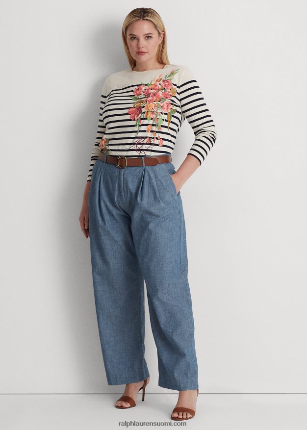 Ralph Lauren naiset kukka-raidallinen trikoo pitkähihainen t-paita 0Z24ZR4596 mascarpone kerma/laivasto