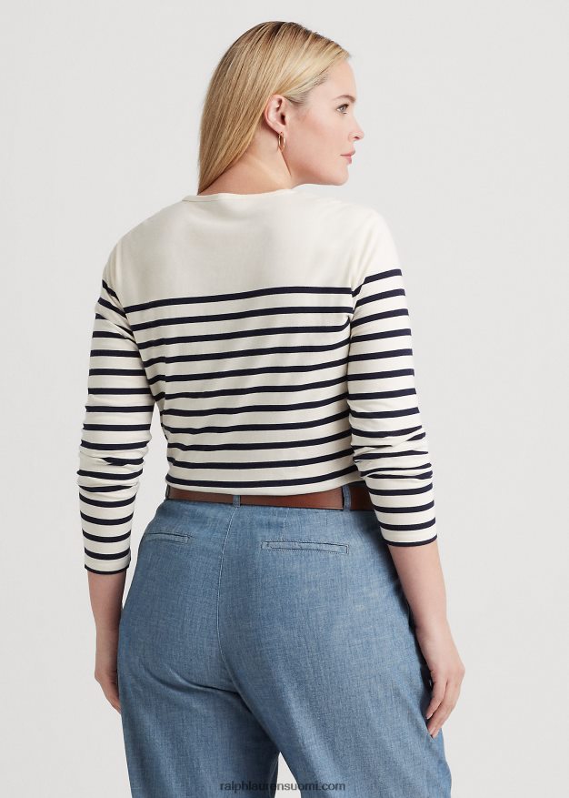 Ralph Lauren naiset kukka-raidallinen trikoo pitkähihainen t-paita 0Z24ZR4596 mascarpone kerma/laivasto