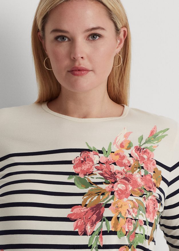 Ralph Lauren naiset kukka-raidallinen trikoo pitkähihainen t-paita 0Z24ZR4596 mascarpone kerma/laivasto