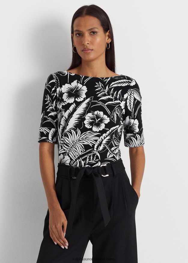 Ralph Lauren naiset kukkakuvioinen joustava puuvillapaita 0Z24ZR3859 musta valkoinen