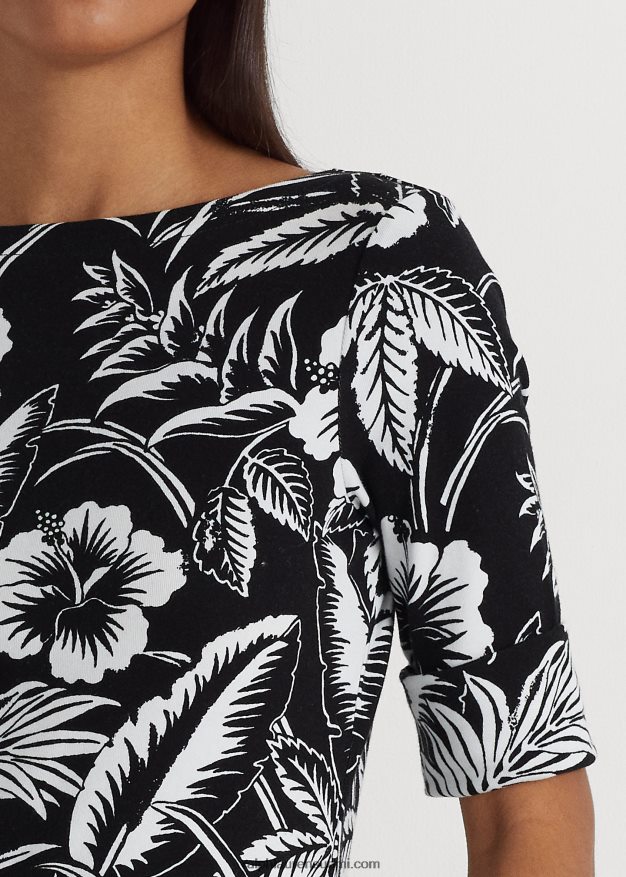 Ralph Lauren naiset kukkakuvioinen joustava puuvillapaita 0Z24ZR3859 musta valkoinen