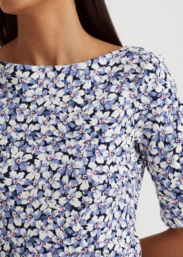 Ralph Lauren naiset kukkakuvioinen joustava puuvillapaita 0Z24ZR3966 sininen/kerma/vaaleanpunainen