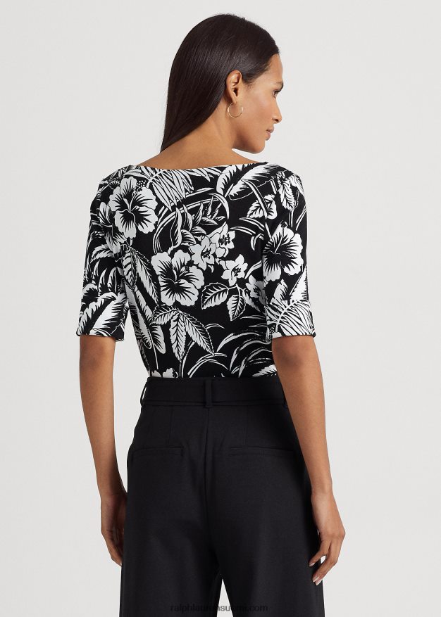 Ralph Lauren naiset kukkakuvioinen joustava puuvillapaita 0Z24ZR4346 musta valkoinen