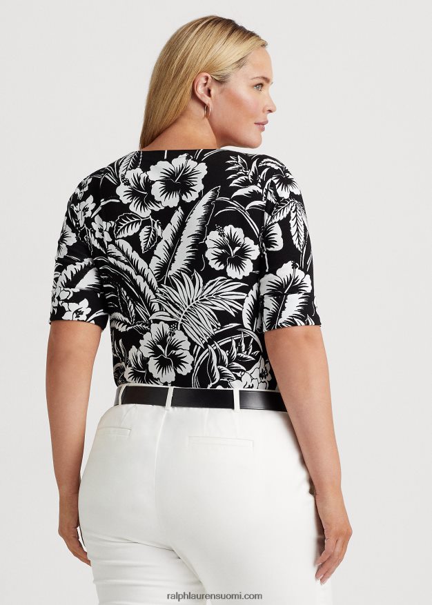 Ralph Lauren naiset kukkakuvioinen joustava puuvillapaita 0Z24ZR4526 musta valkoinen