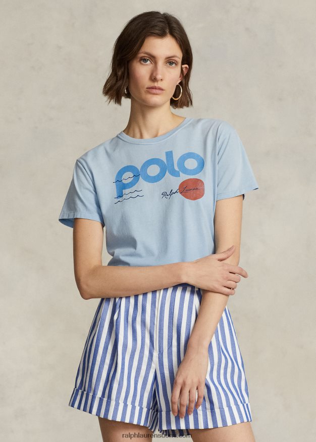 Ralph Lauren naiset merenkulkulogograafinen puuvillainen trikoopaita 0Z24ZR3030 puuterinsininen