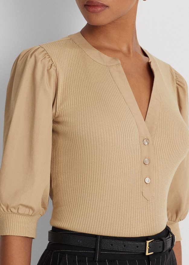 Ralph Lauren naiset puhvihihainen puuvillasekoite Henley t-paita 0Z24ZR4885