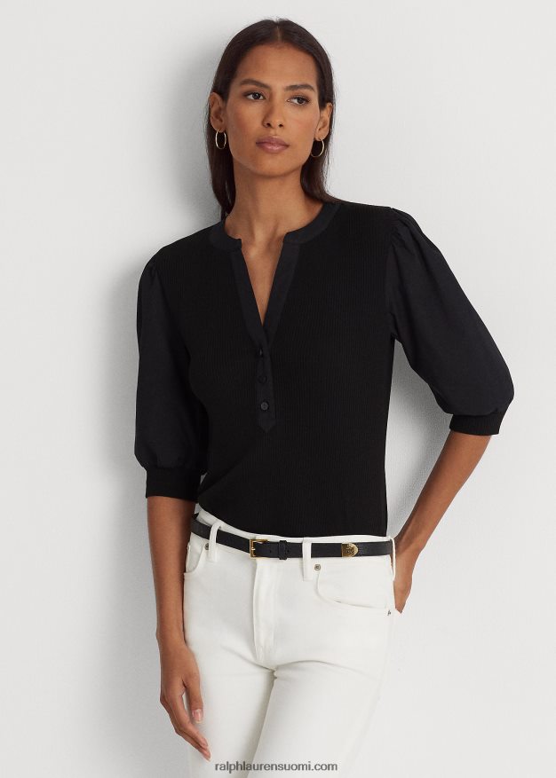 Ralph Lauren naiset puhvihihainen puuvillasekoite Henley t-paita 0Z24ZR9529 musta