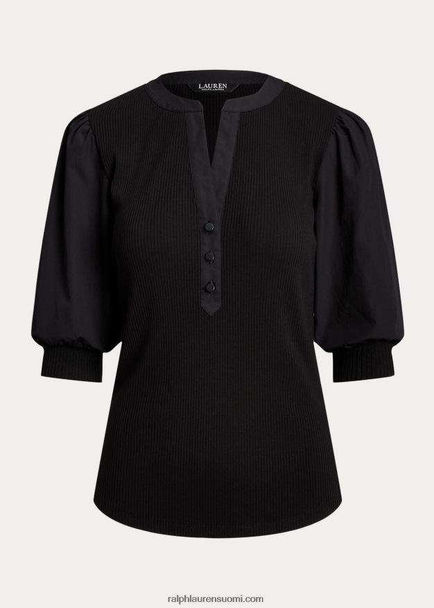 Ralph Lauren naiset puhvihihainen puuvillasekoite Henley t-paita 0Z24ZR9529 musta