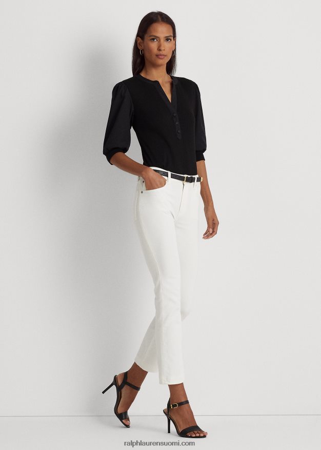 Ralph Lauren naiset puhvihihainen puuvillasekoite Henley t-paita 0Z24ZR9529 musta