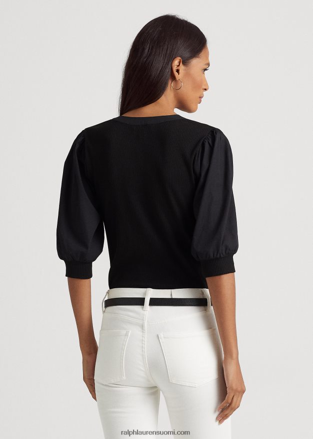 Ralph Lauren naiset puhvihihainen puuvillasekoite Henley t-paita 0Z24ZR9529 musta