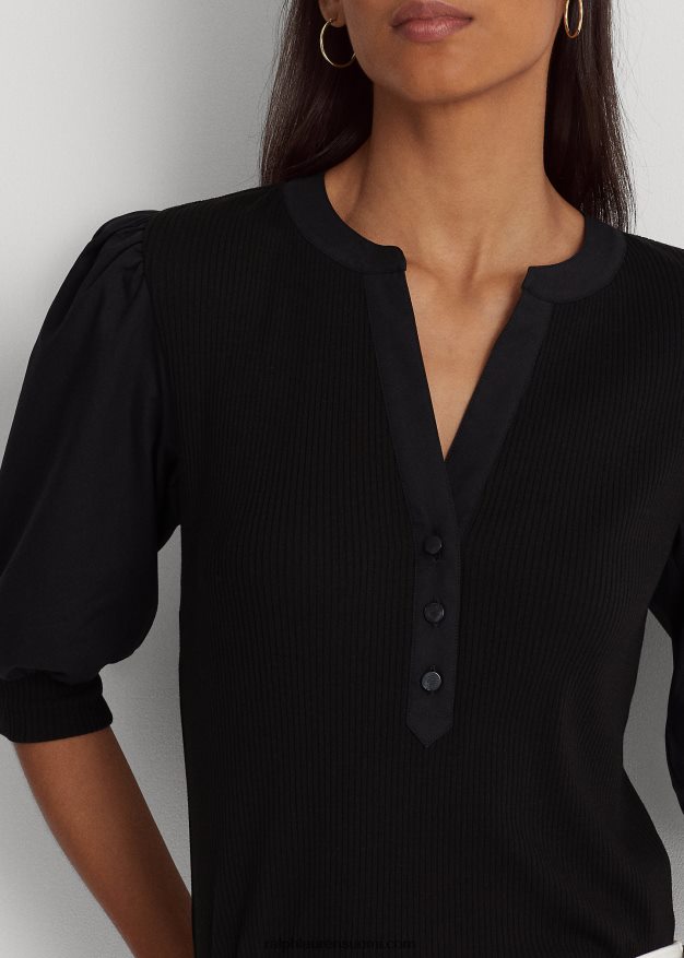 Ralph Lauren naiset puhvihihainen puuvillasekoite Henley t-paita 0Z24ZR9529 musta