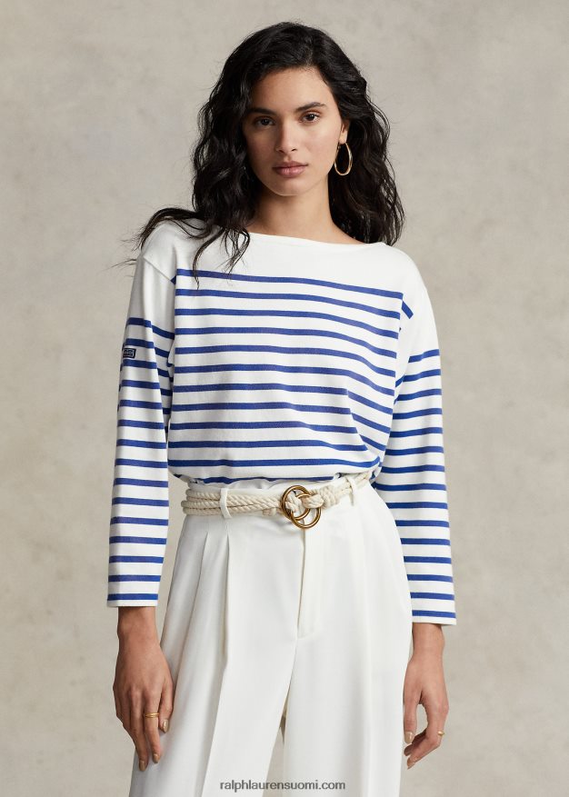Ralph Lauren naiset raidallinen boatneck jersey t-paita 0Z24ZR3162 kannenpesuaine valkoinen/safiiri