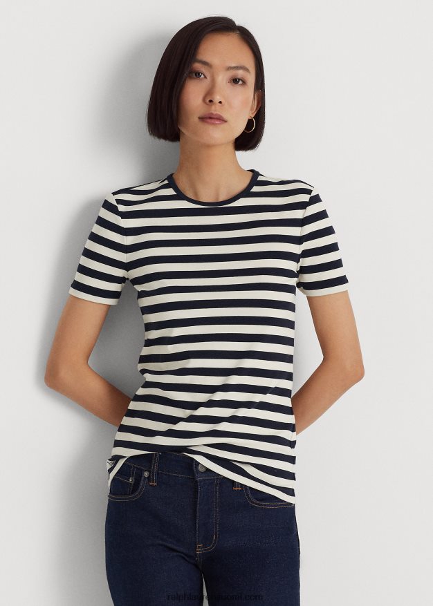 Ralph Lauren naiset raidallinen joustava puuvillapaita 0Z24ZR3998 hienostunut laivasto/kerma
