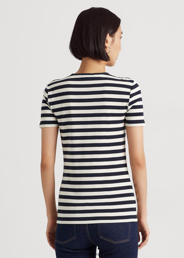 Ralph Lauren naiset raidallinen joustava puuvillapaita 0Z24ZR3998 hienostunut laivasto/kerma