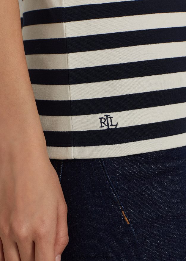 Ralph Lauren naiset raidallinen joustava puuvillapaita 0Z24ZR3998 hienostunut laivasto/kerma