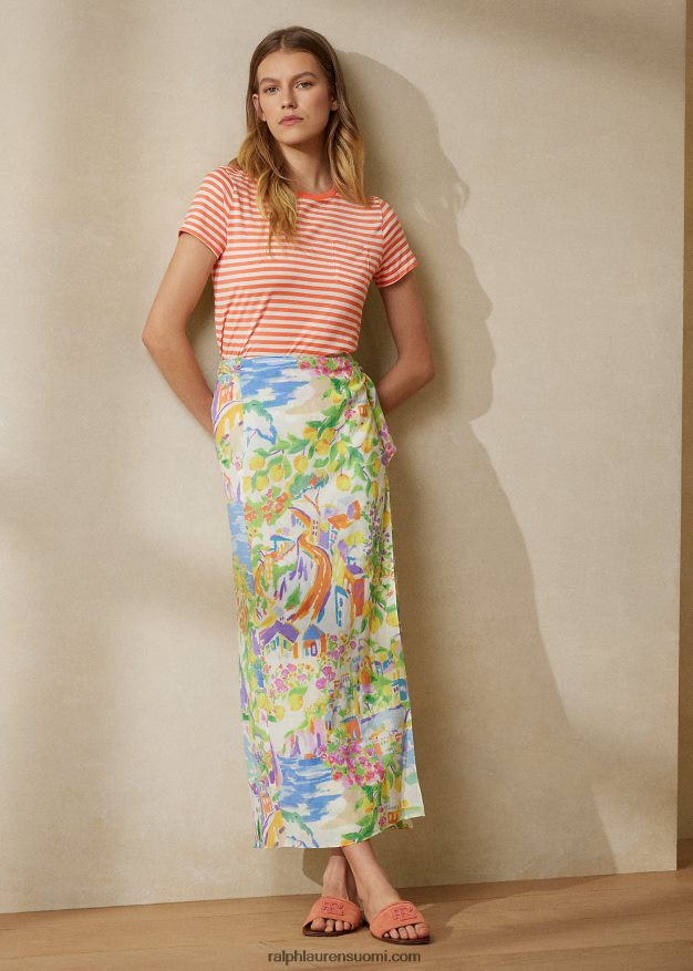 Ralph Lauren naiset raidallinen pyöreäkaula-taskupaita 0Z24ZR9128 meloni / luonnonvalkoinen