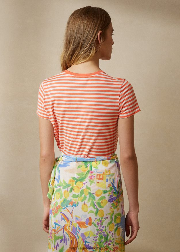 Ralph Lauren naiset raidallinen pyöreäkaula-taskupaita 0Z24ZR9128 meloni / luonnonvalkoinen