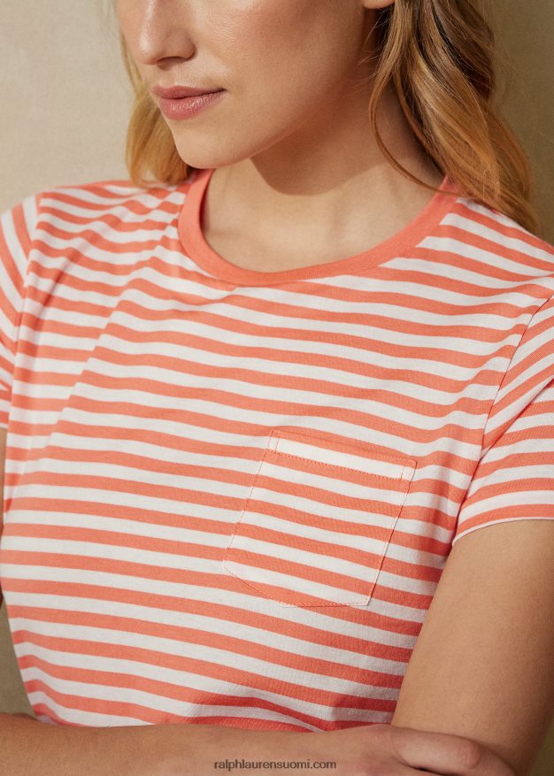 Ralph Lauren naiset raidallinen pyöreäkaula-taskupaita 0Z24ZR9128 meloni / luonnonvalkoinen