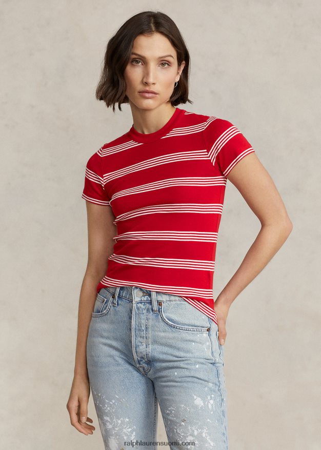 Ralph Lauren naiset raidallinen resoripuuvillainen t-paita 0Z24ZR2920 Rl2000 punainen/valkoinen