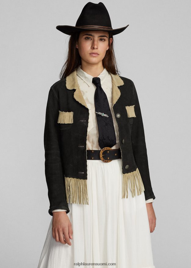 Ralph Lauren naiset hapsut reunustettu mokkanahkatakki 0Z24ZR3632 musta/kerma