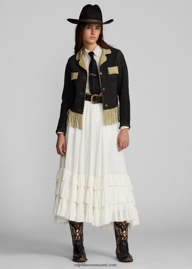 Ralph Lauren naiset hapsut reunustettu mokkanahkatakki 0Z24ZR3632 musta/kerma