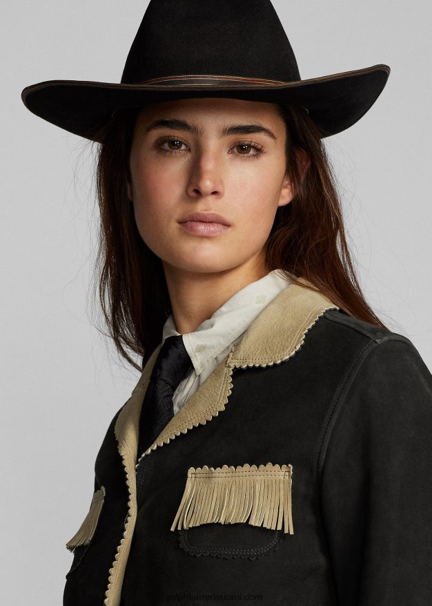 Ralph Lauren naiset hapsut reunustettu mokkanahkatakki 0Z24ZR3632 musta/kerma