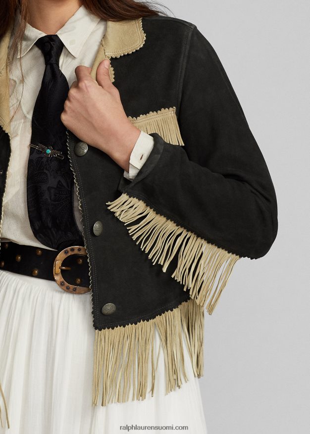 Ralph Lauren naiset hapsut reunustettu mokkanahkatakki 0Z24ZR3632 musta/kerma