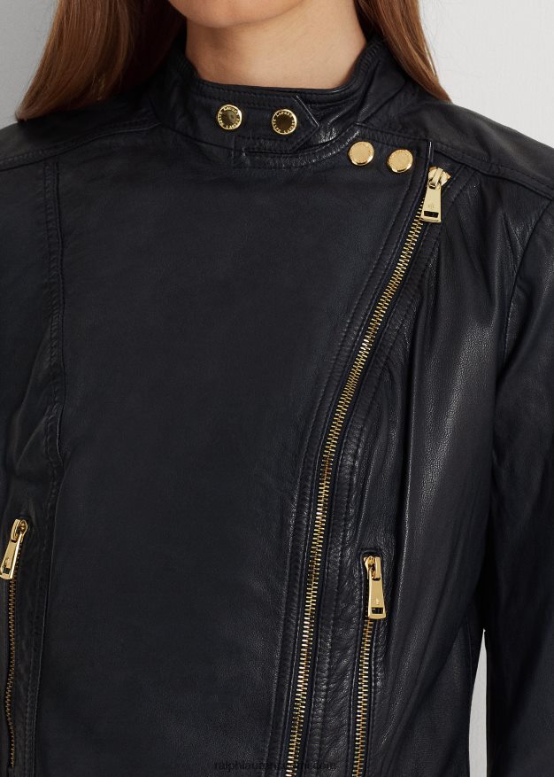 Ralph Lauren naiset kaatuva nahkainen mototakki 0Z24ZR9449 laivasto