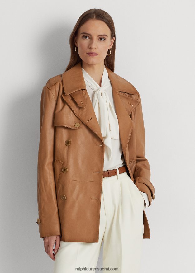 Ralph Lauren naiset kaksirivinen nappanahkainen takki 0Z24ZR9527 tumma kameli