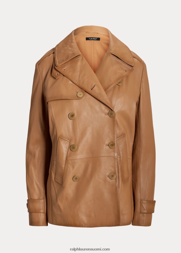 Ralph Lauren naiset kaksirivinen nappanahkainen takki 0Z24ZR9527 tumma kameli