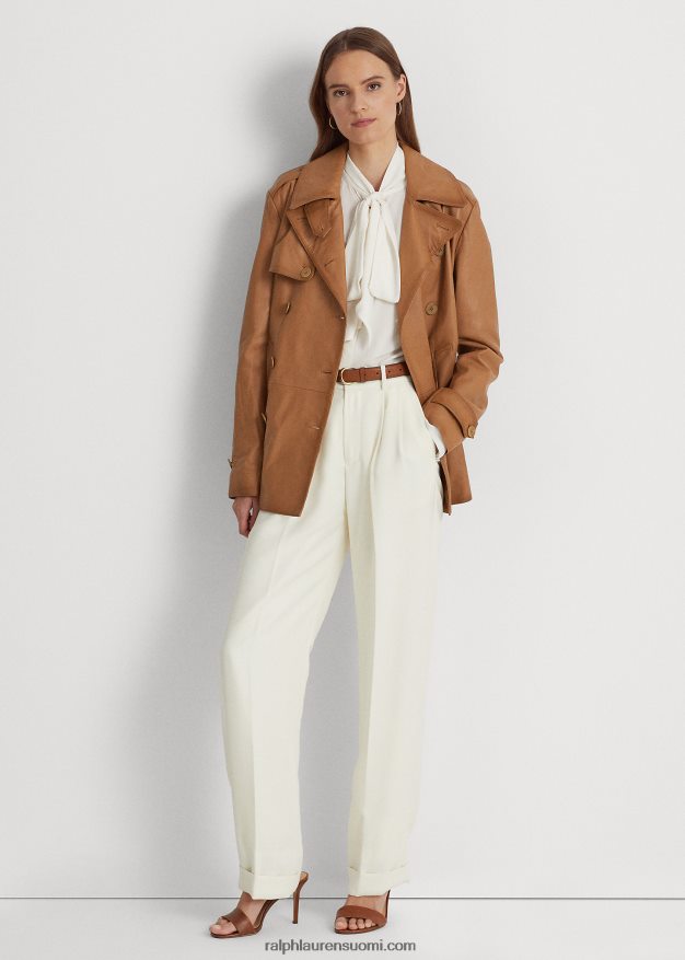 Ralph Lauren naiset kaksirivinen nappanahkainen takki 0Z24ZR9527 tumma kameli