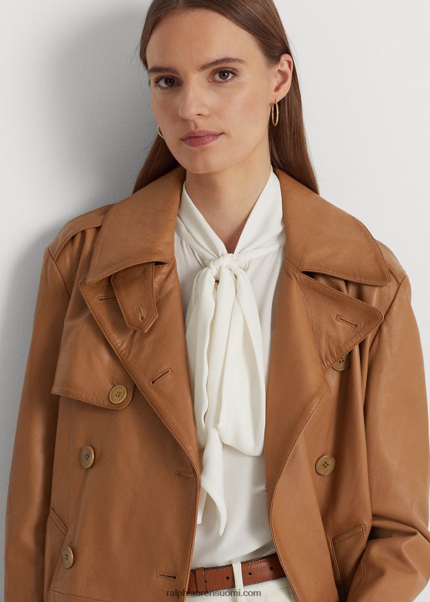 Ralph Lauren naiset kaksirivinen nappanahkainen takki 0Z24ZR9527 tumma kameli